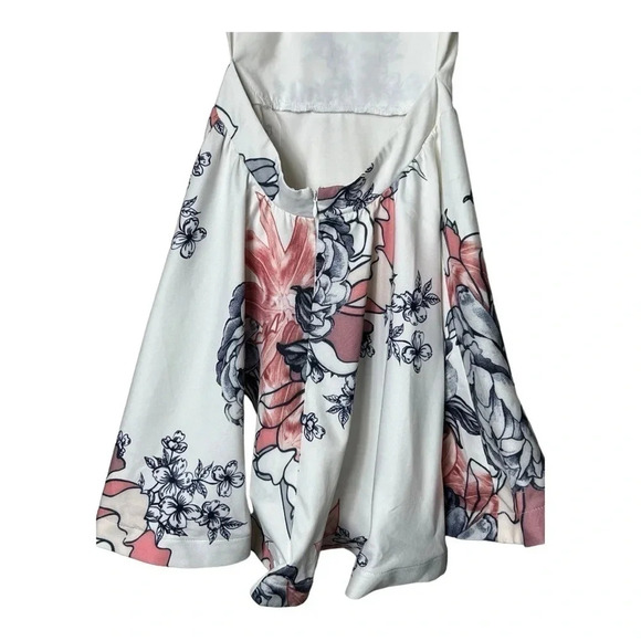 UNKNOWN BRAND FLORAL SWIRL PELPUM DRESS SEE MEASUREMENTS WHITE/NAVY BLUE/PINK - Picture 10 of 12